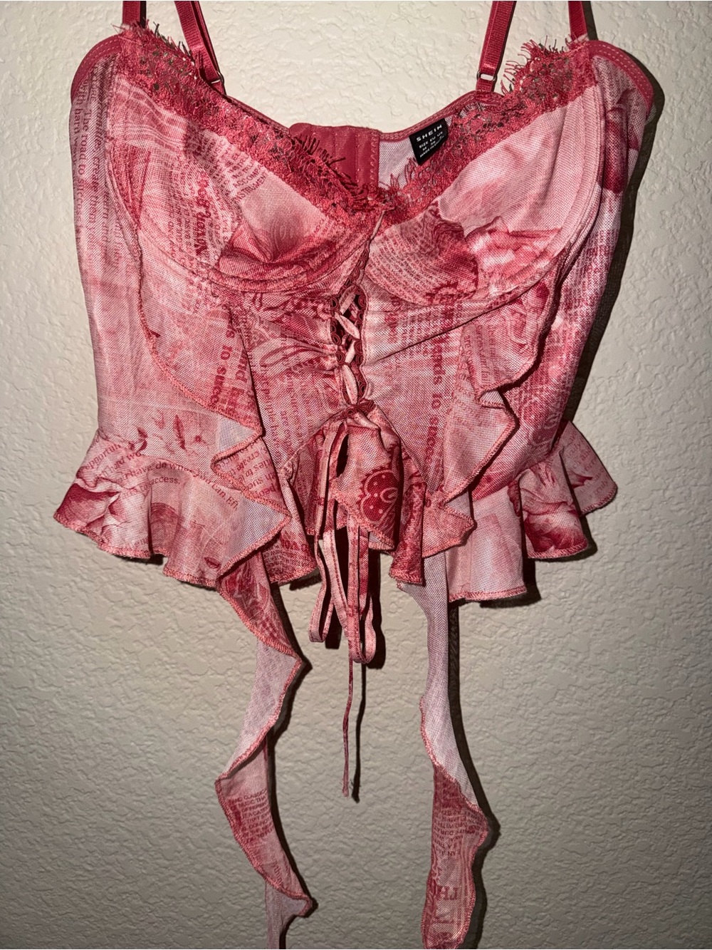 SHEIN Pink Red Lace-Up Ruffle Bustier Top